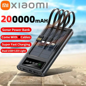 Xiaomi Solar Power Bank 200000mAh Large Capacity Mobile Power Fast Charging Battery With Dual USB 4 Cables For iPhone Samsung