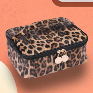 Makeup Bag Leopard Compartment Faux Leather Lightweight Multi-function Travel Cosmetic Case for Vacation